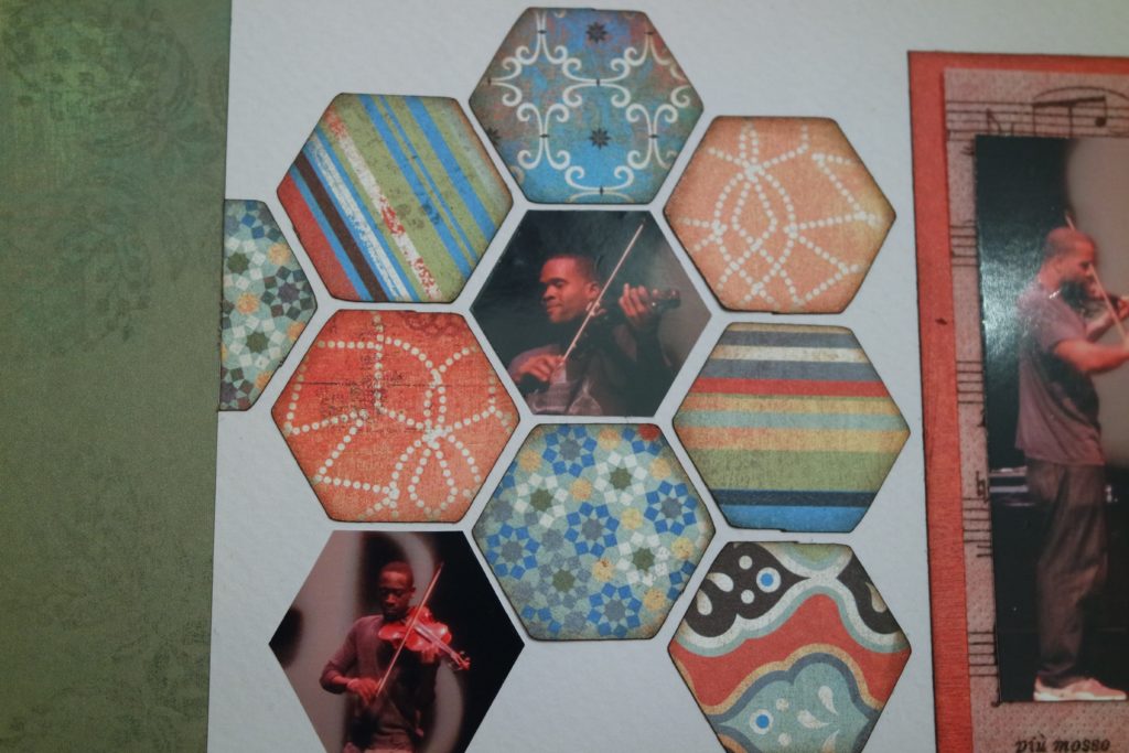 Black Violin scrapbook layout featuring hexagons from Accent Essentials Cricut cartridge
